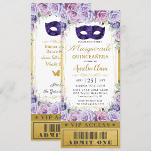 Invitación Billete De Masquerade Quinceañera Floral Purple Li