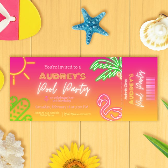 Invitación Billete de neón rosado Fiesta del billar (Subido por el creador)