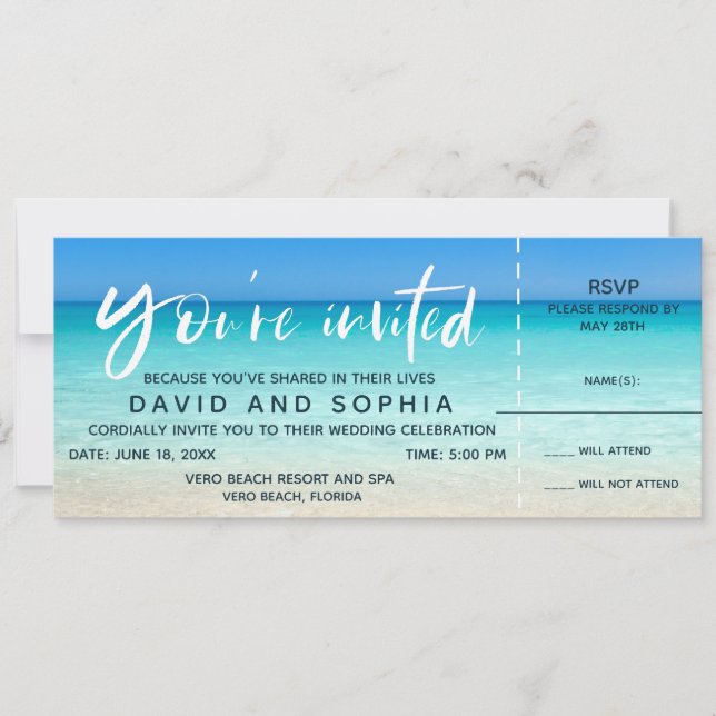 Invitación Billete de pasaje de bodas de playa RSVP (Anverso)