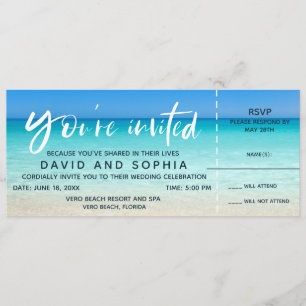 Invitación Billete de pasaje de bodas de playa RSVP
