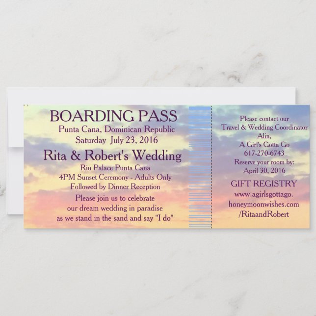 Invitación Billete de pases de embarque | Boda de destino (Anverso)