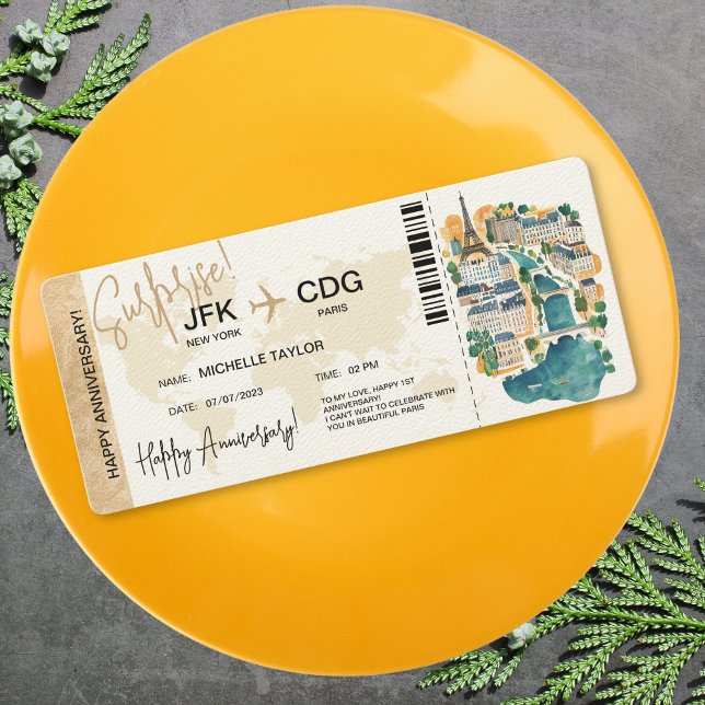 Invitación Billete de pases para el aniversario de la sorpres (surprise boarding pass ticket trip to paris with watercolor illustrated map)