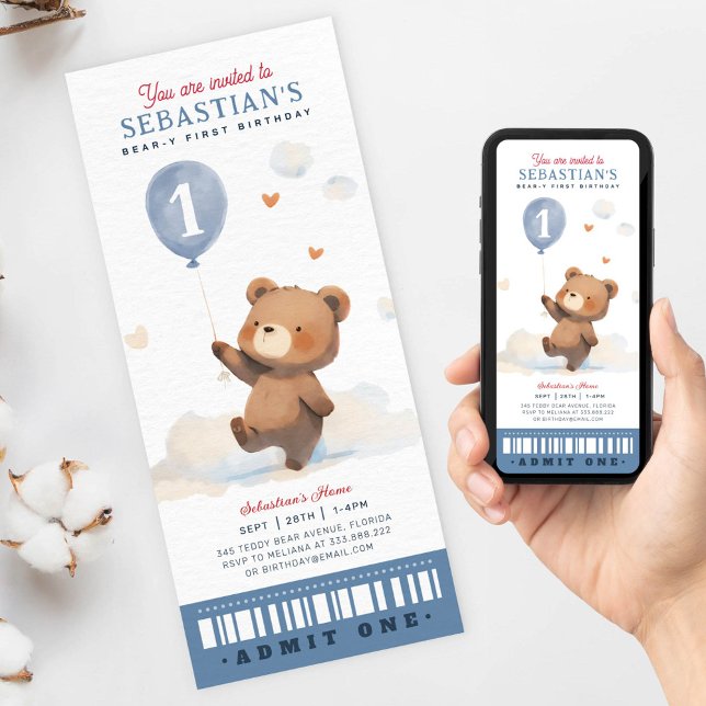 Invitación Billete de primer cumpleaños de Cute Beary (Subido por el creador)