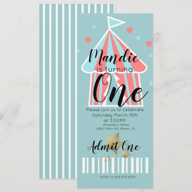 Invitación Billete de primer cumpleaños de Cute Circus Tent (Anverso / Reverso)