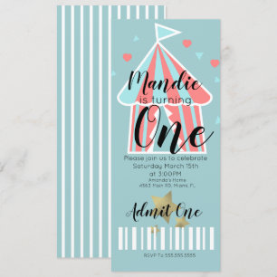 Invitación Billete de primer cumpleaños de Cute Circus Tent