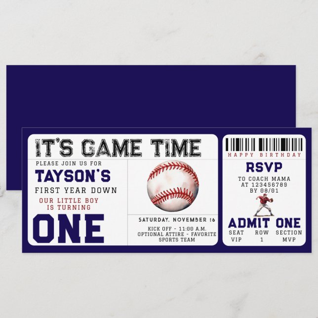 Invitación Billete de primer cumpleaños del béisbol "First Ye (Anverso / Reverso)