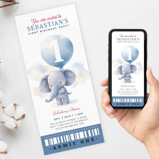 Invitación Billete de primer cumpleaños para bebés de elefant