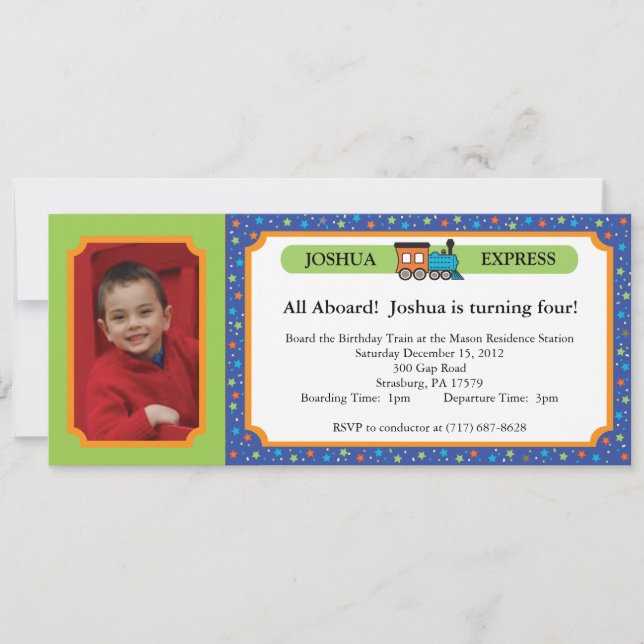 Invitación Billete de tren fotográfico - Azul y verde (Anverso)