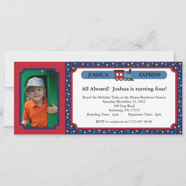 Invitación Billete de tren fotográfico - Rojo y azul (Anverso)