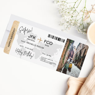 Invitación Billete de viaje de embarque de cumpleaños de sorp