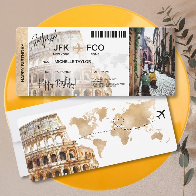 Invitación Billete de viaje de embarque de cumpleaños de sorp (rome surprise boarding pass)