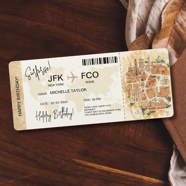 Invitación Billete de viaje de embarque de cumpleaños de sorp (surprise boarding pass ticket trip to rome with watercolor illustrated map)