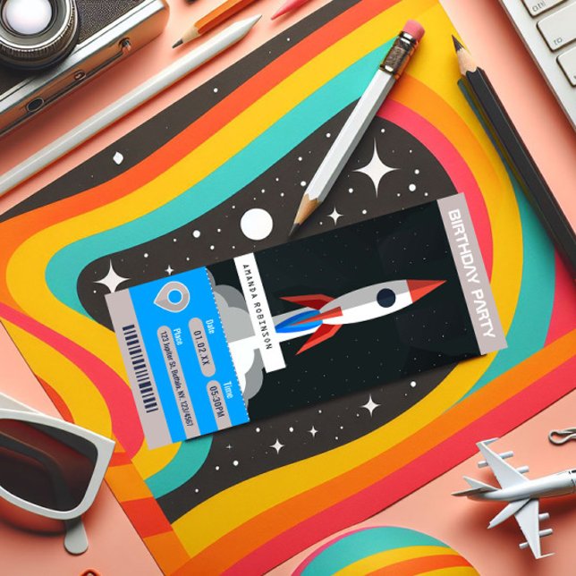 Invitación Billete de viaje por la fiesta de cumpleaños temát (Space Ticket Birthday Party Invitation)