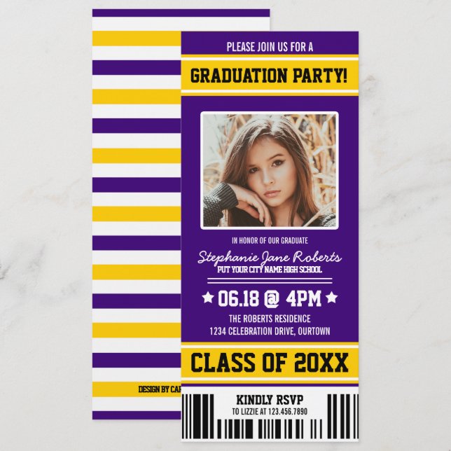 Invitación Billete del partido de graduación deportiva morado (Anverso / Reverso)