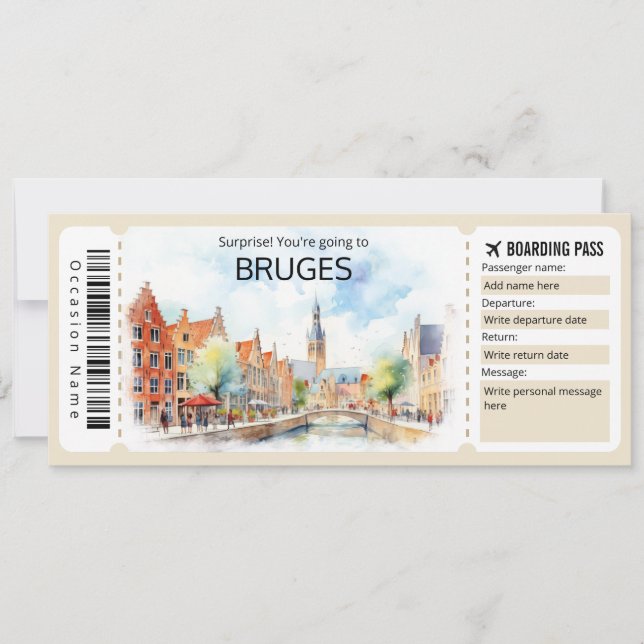 Invitación Billete Editable Bruges Plane, Viaje a Bélgica (Anverso)