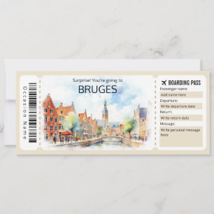 Invitación Billete Editable Bruges Plane, Viaje a Bélgica