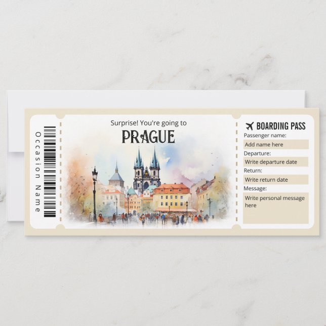 Invitación Billete editable de avión de Praga, viaje de Praga (Anverso)