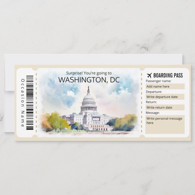 Invitación Billete editable de avión de Washington DC, Washin (Anverso)