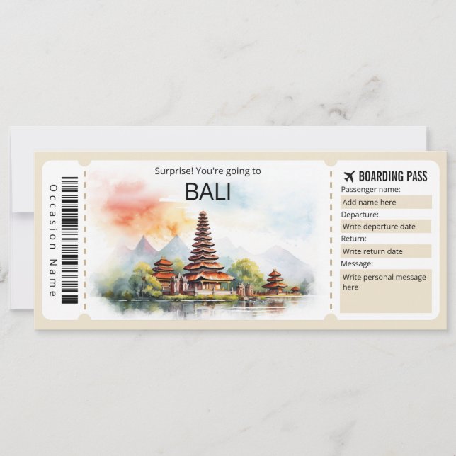 Invitación Billete editable de Bali Plane, Viaje de Bali (Anverso)