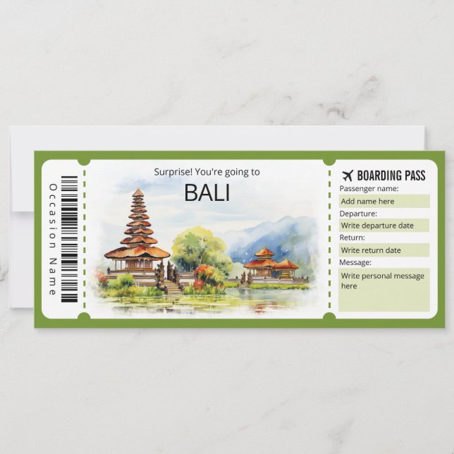 Invitación Billete editable de Bali Plane, Viaje de Bali (Anverso)