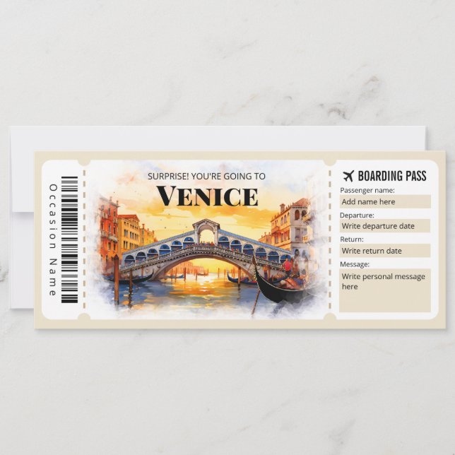 Invitación Billete editable de embarque aéreo de Venecia (Anverso)