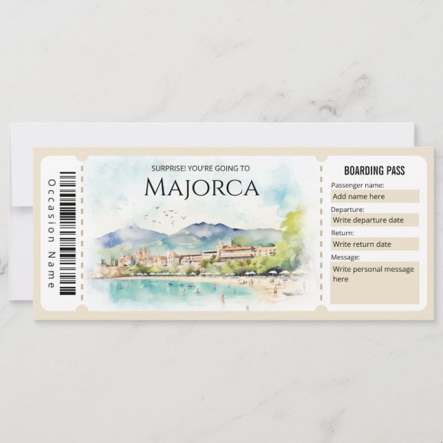 Invitación Billete editable de embarque aéreo en Mallorca (Anverso)