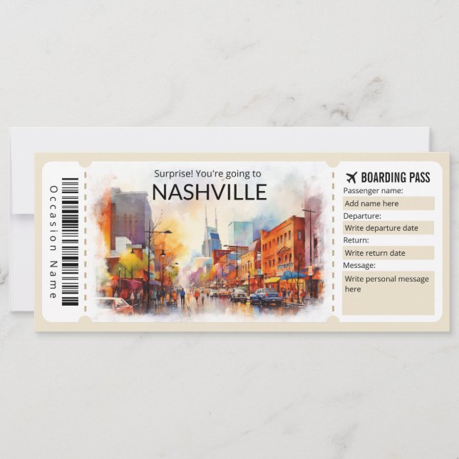 Invitación Billete editable en avión de Nashville, viaje de T (Anverso)