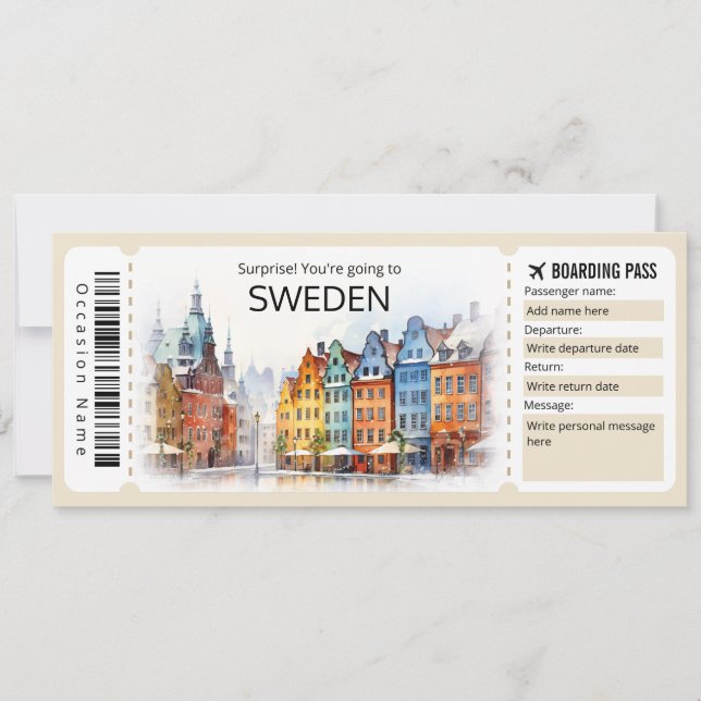 Invitación Billete editable en avión de Suecia, viaje a Sueci (Anverso)