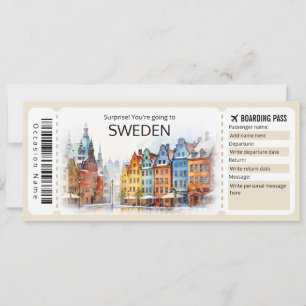 Invitación Billete editable en avión de Suecia, viaje a Sueci