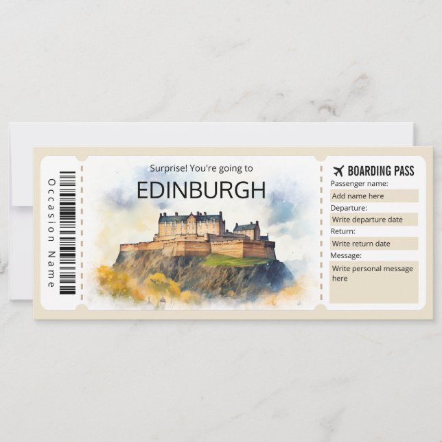 Invitación Billete editable en el avión de Edimburgo para el  (Anverso)