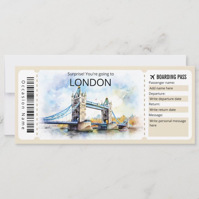 Invitación Billete editable en London Plane, London Trip (Anverso)