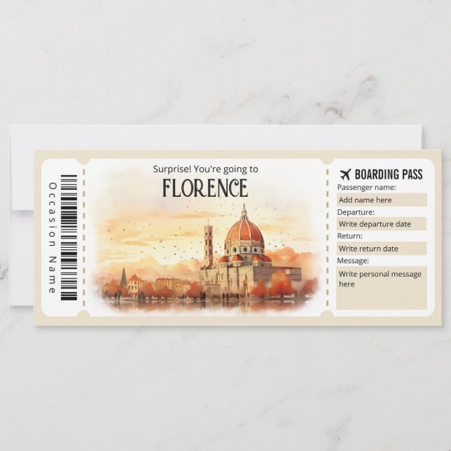 Invitación Billete Editable Florence Plane, Viaje a Italia (Anverso)