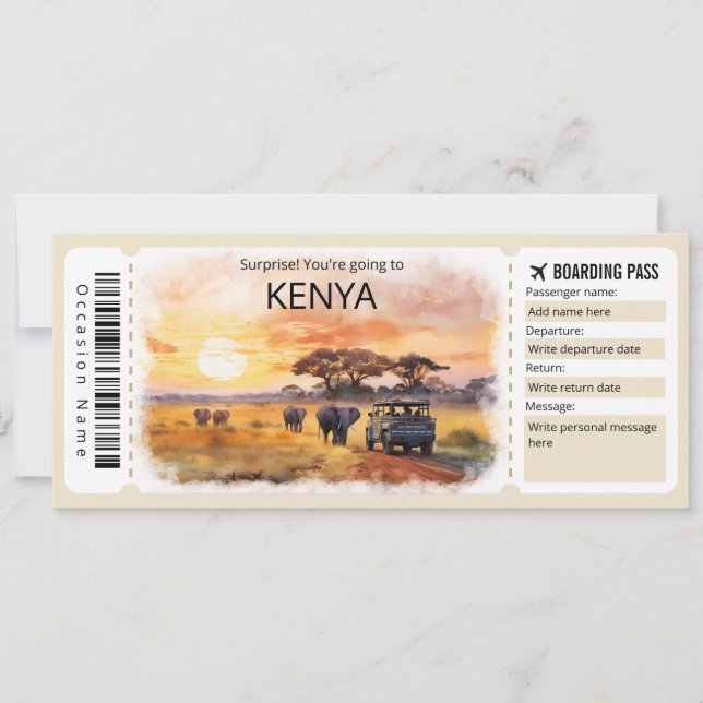 Invitación Billete editable Kenya Plane, viaje a Kenia (Anverso)