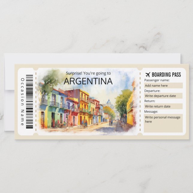 Invitación Billete editable para Argentina Plane, viaje a Arg (Anverso)