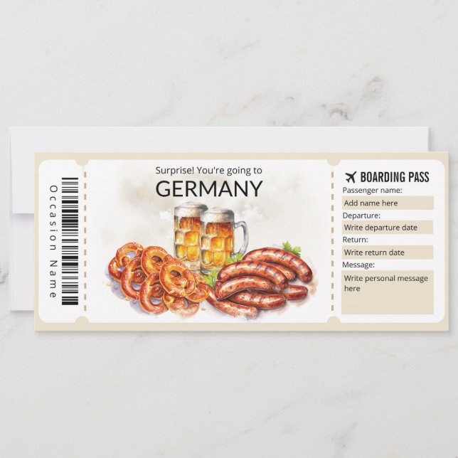 Invitación Billete editable para avión de Alemania, viaje a A (Anverso)