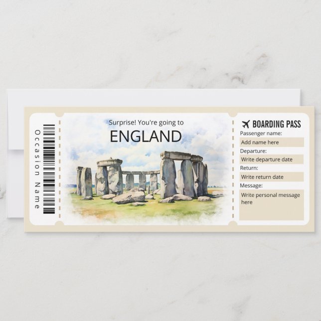 Invitación Billete editable para avión de Inglaterra, viaje d (Anverso)