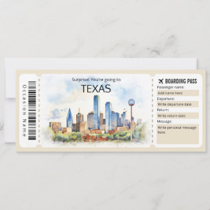 Invitación Billete editable para avión de Texas, viaje a Texa
