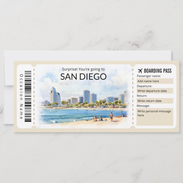 Invitación Billete editable para el avión de San Diego, viaje (Anverso)
