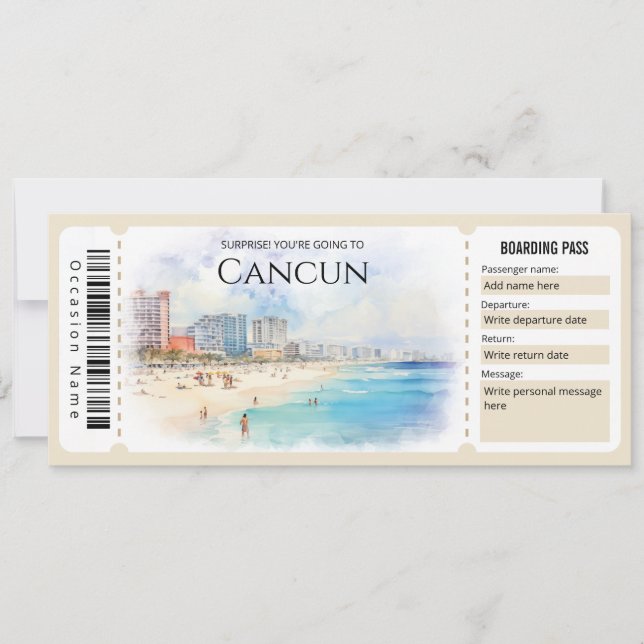 Invitación Billete editable para pases de avión de Cancún (Anverso)