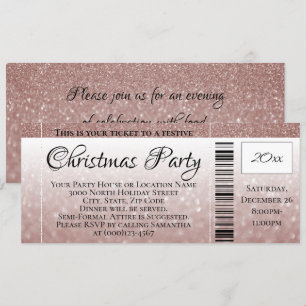 Invitación Billete Fiesta de Navidades Rosas Purpurinas de Or