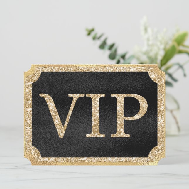 Invitación Billete para eventos VIP en negro y oro (Anverso de pie)