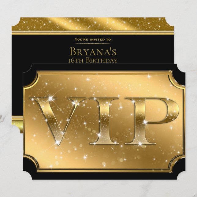 Invitación Billete para eventos VIP Gold & Black Sparkle Glam (Anverso / Reverso)