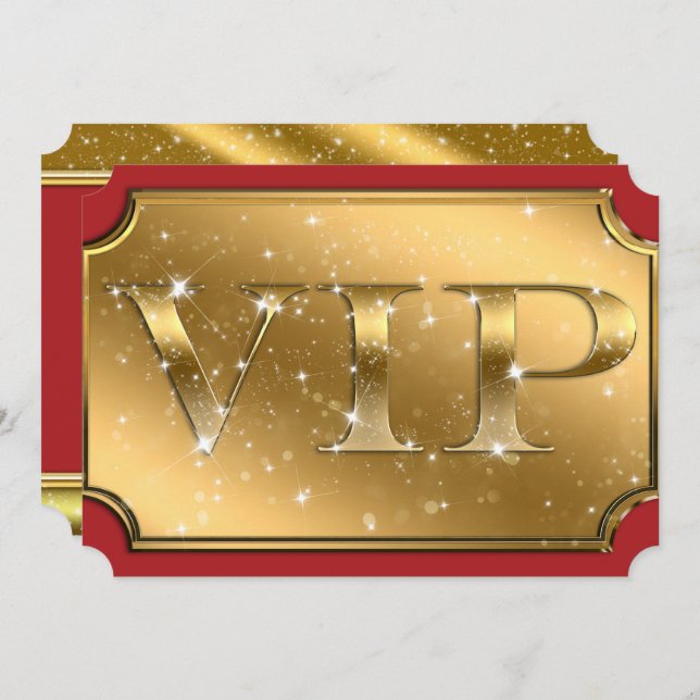 Invitación Billete para eventos VIP Gold & Red Sparkle Glam (Anverso / Reverso)