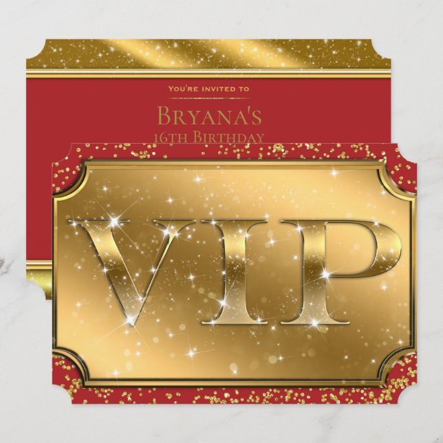 Invitación Billete para eventos VIP Gold & Red Sparkle Glam (Anverso / Reverso)