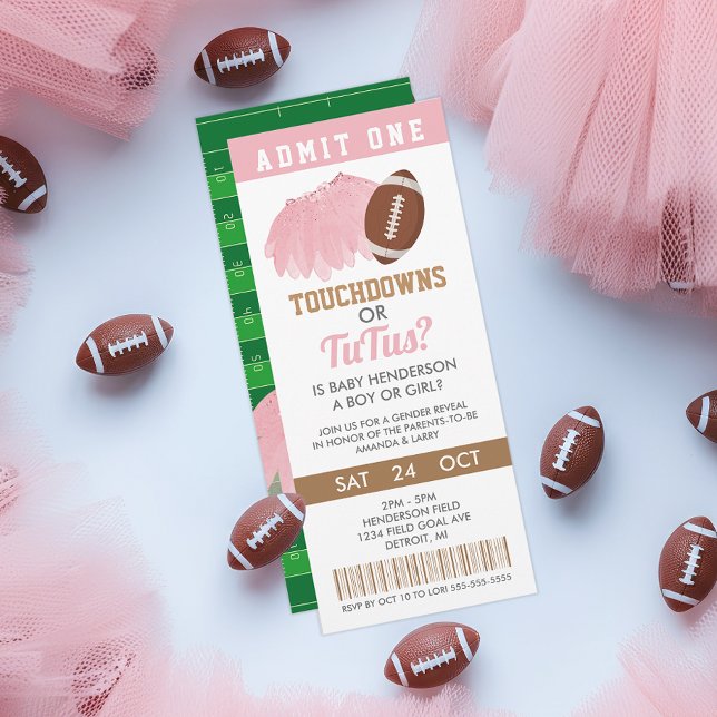 Invitación Billete revelador de sexo de retoques o tutus (Touchdowns or Tutus Gender Reveal Ticket Invitation)
