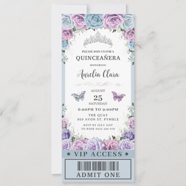 Invitación Billete VIP Baby Blue Purple Floral Quinceañera 16 (Anverso)