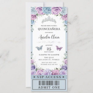 Invitación Billete VIP Baby Blue Purple Floral Quinceañera 16