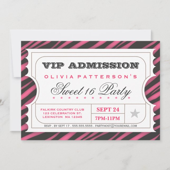 Invitación Billete VIP Cebra Glam Sweet 16 Fiesta de cumpleañ (Anverso)