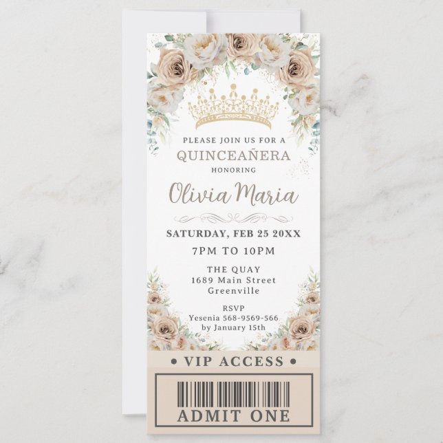 Invitación Billete VIP de Champagne Gold Beige Floral Quincea (Anverso)