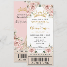 Invitación Billete VIP de Champagne Gold Rubor Floral Quincea